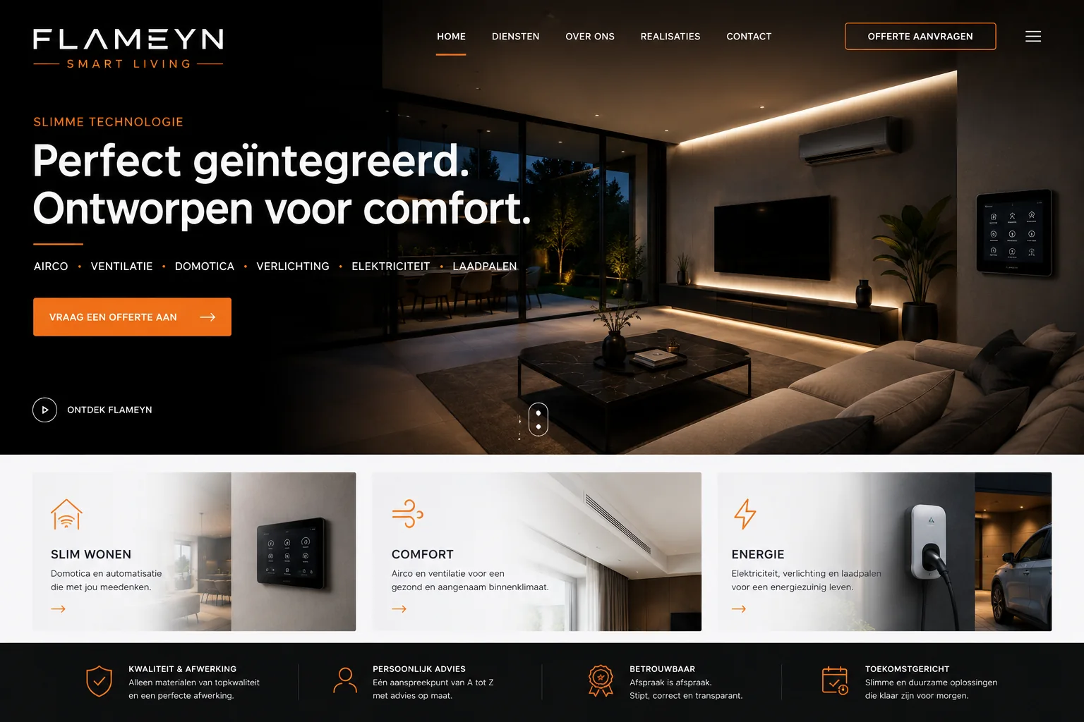 Moderne woonkamer met geïntegreerde verlichting, airco en domotica